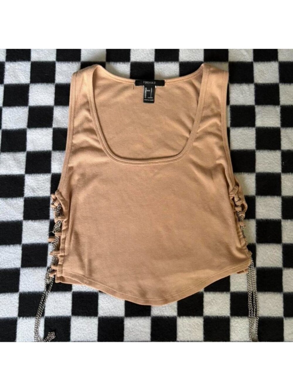 Tan cropped tank top with laced chain detail